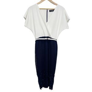Paper Dolls Belted Short Sleeve Midi Dress White and Blue Size 6
